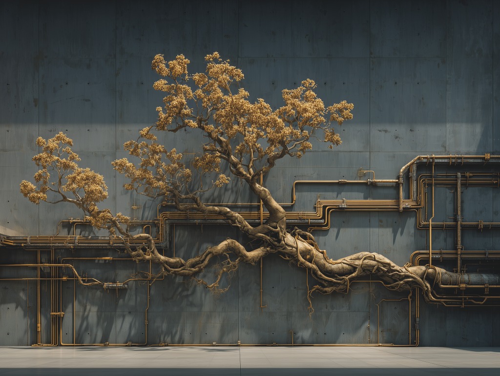 arbre doré sur fond béton