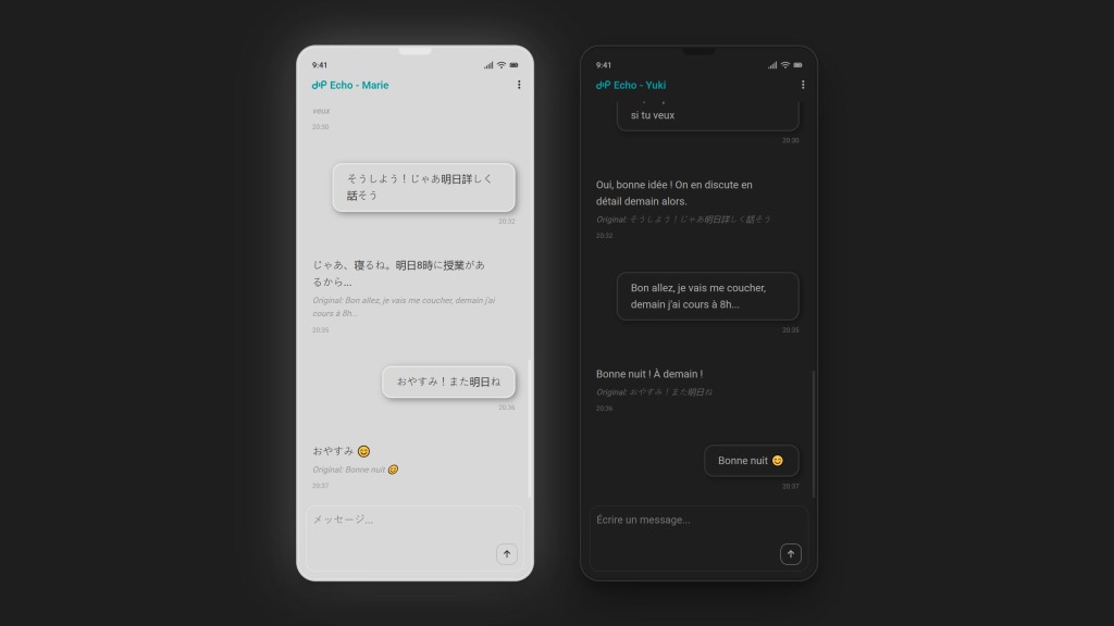 deux téléphones : un blanc avec dialogue en japonais et un noir avec texte en français